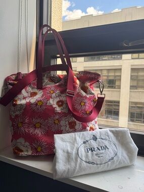 Prada Tessuto Stampato Floral Nylon Tote Bag/Crossbody — Pink & White